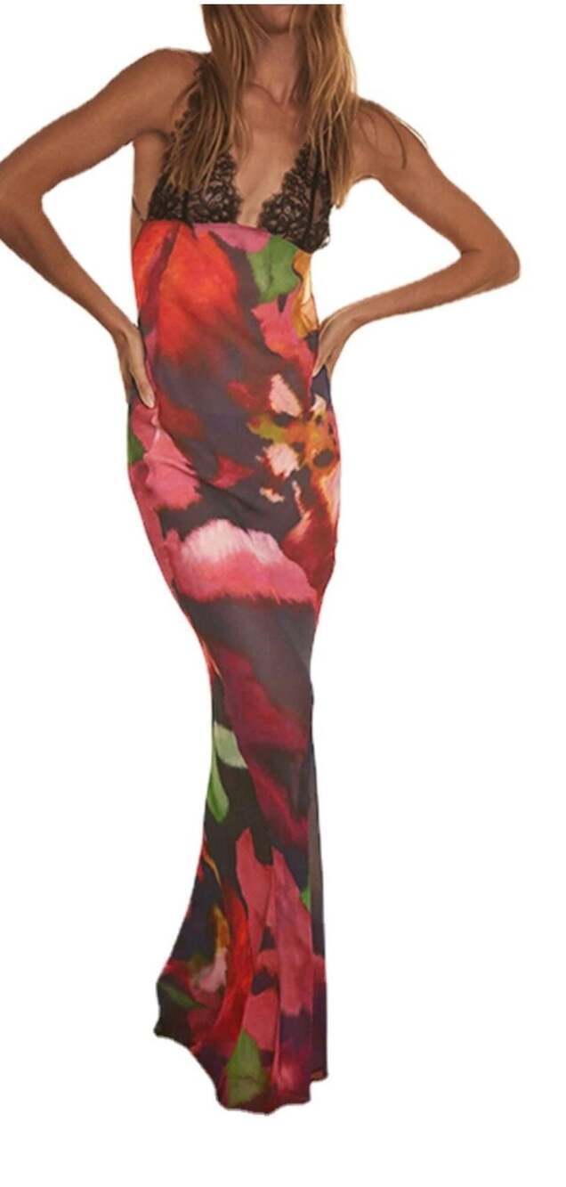 XPONNI Backless Spaghetti Strap Maxi Dress Red Satin Tie Dye Bodycon Dress